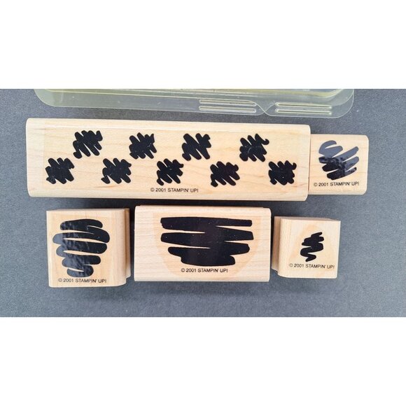 Vintage Stampin Up Set Of 5 Squiggle Pattern Rubber Stamps Storage Case Clean - Picture 3 of 6